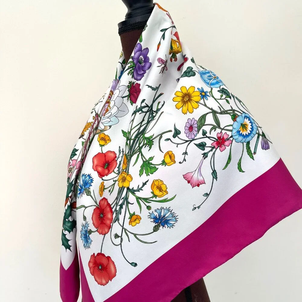 Gucci Silk Wrap Flora Print Logo White Multicolor Pink Border Scarf